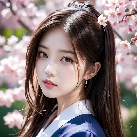 Graduation Ceremony、university student、22 years old、hakama 、Hair tied up、Cherry tree in full bloom、Cherry blossom confetti、Perfect Proportions、cute、((22-year-old female:1.2))、Young and adorable Japanese face，Official Art，Focus on the face、Highly detailed C...