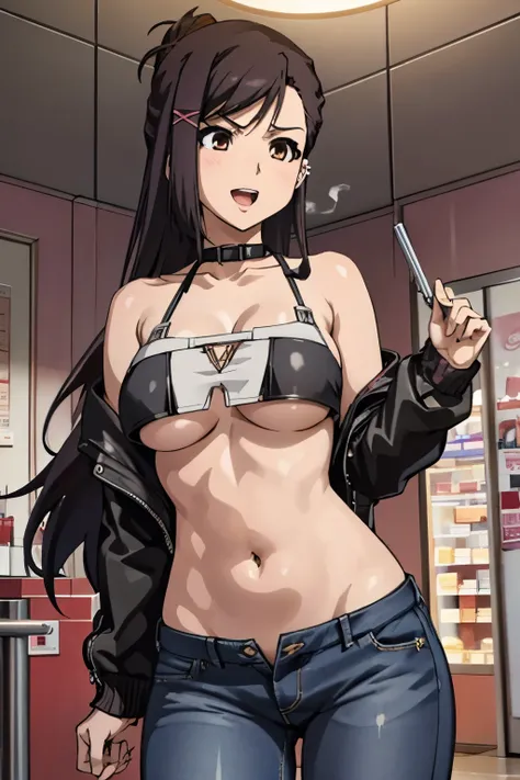 1girl, kanade sakurai, long hair, long hair,, blush, lipstick, Hot girl, baddie, staring, glaring, bad attitude, mean girl, crazy, smoking, sensual, attractive, mall, shopping center,indoors, masterpiece,high quality,4k, shirt, bare shoulder,belly,crop top...