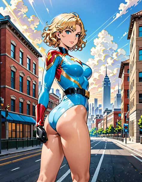 masterpiece, best quality, hires, 1girl, medium breasts, ((leotard, light blue leotard)), long sleeves, (lighting bolt emblem on chest), (bare legs), (fastened tight belt), boots, matching boots, gloves, city backdrop, solo, single, standing, rear view, fu...