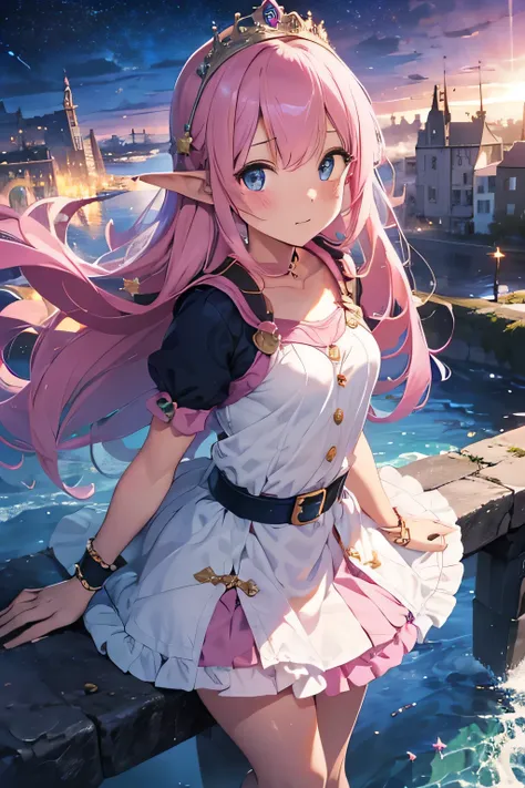 High qualidade, perfect eyes, perfect fingers, small breasts, pink hair, princess, background magical cities, stars, jewels, shy girl, girl in love, submissive girl, 13 olds, flying island, elf, coroa, tiara