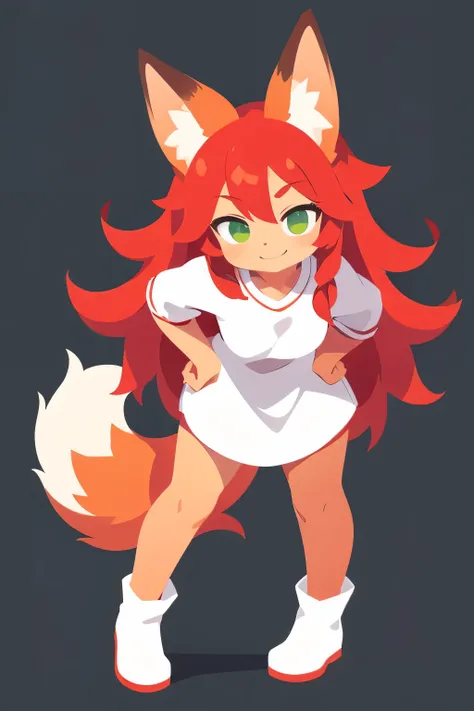 1girl, ((detailed)), red hair, long hair, green eyes, detailed eyes, cunning smile, red fox ears, red fox tail, white clothes, simple clothes, full body, bent over, hands behind back, simple style, simple background, flat colors