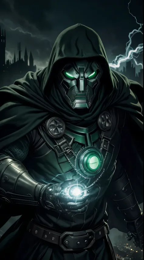 doctor doom marvel, 35mm lens, photography, ultra-detailed, hdr, uhd, 8k, portraits, dark atmosphere, menacing expression, black...