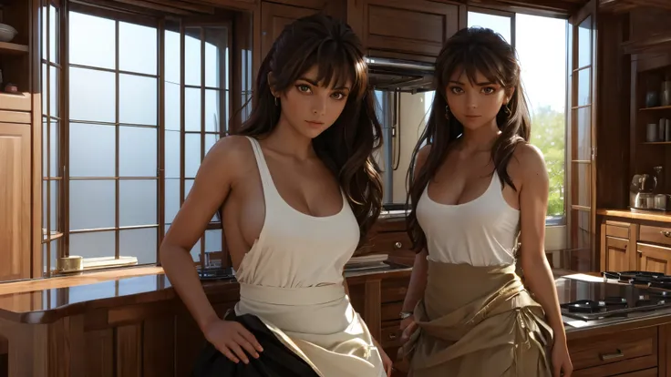 3d,high resolution,simple rugground,1 girls,apron,in this,rug,breastsout,brown eyeballs,chestnut hair,female,female only,large breastsout,long hair,looking ahead at viewer,looking rug,matching hair/eyeballs,Well good,back neckline,sideboob,standing