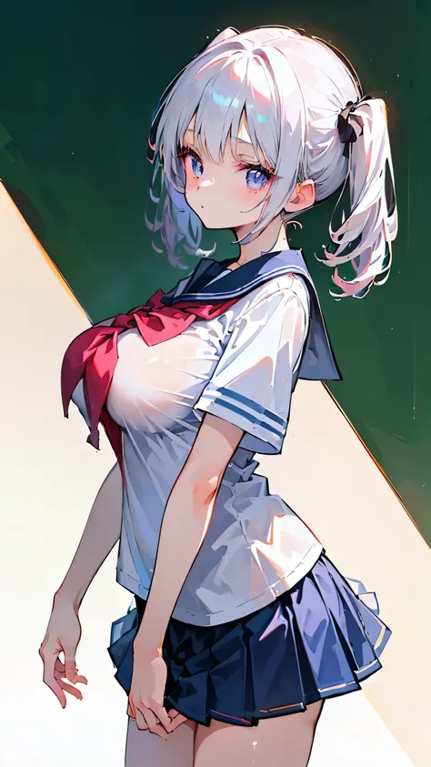 Ultra-high resolution, 8k,high quality,(((low length,、Young Girl、school uniform、Twin tails、Ultra Mini Skirt))),(Retrospective angle,Cunning Hand),(、glowing、iridescent light,soft shadow,Anime Painting,thin line drawing),One Little Woman,(((Big Tits、Round Br...