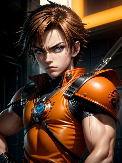 Gender: male
Eye color: orange
Physical appearance: handsome,13 years old teenage boy,has a tube oxygen, 
Description: rebellious, artistic,power ranger style,jin kazama hair style,brown hair, and cynical.