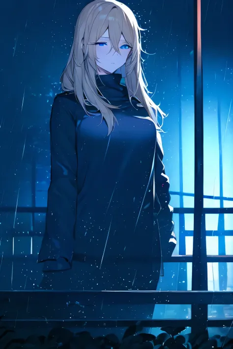 A sexy blonde haired girl, dressed completely in black, including a jacket with a raised hood. He stands far in the distance, under constant rain, in a dark and melancholic atmosphere, with a grey and cloudy sky adding a dramatic touch to the scene. The ra...
