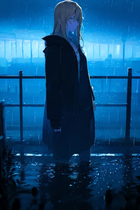A sexy blonde haired girl, dressed completely in black, including a jacket with a raised hood. He stands far in the distance, under constant rain, in a dark and melancholic atmosphere, with a grey and cloudy sky adding a dramatic touch to the scene. The ra...