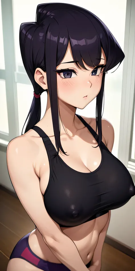 1 Female,High definition,high resolution,Ultra-realistic,8K, Komi Shouko, solo, Purple eyes, Dark Purple hair, twintails,European,sexy,Upper body close-up,I Front,Photographed from the front,Looking to the Camera,Dynamic Angles,private teacher,A little she...