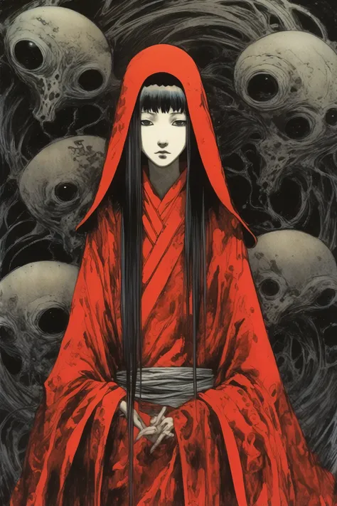 philip dorrье style - portrait of a priestess in a red robe, tsutomu nihei, this is junji. dark tones. テーマはmystery主義を強調する, magic...