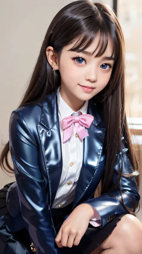 (Very beautiful  cute girl), (very  cute face:1.2),13 yo, (sparking crystal clear attractive large eyes), Beautiful eyes, Detailed double eyelids, (smiling), (realistic photograph:1.2), long straight hair,white blouse,
(Super Shiny metallic dark blue blaze...