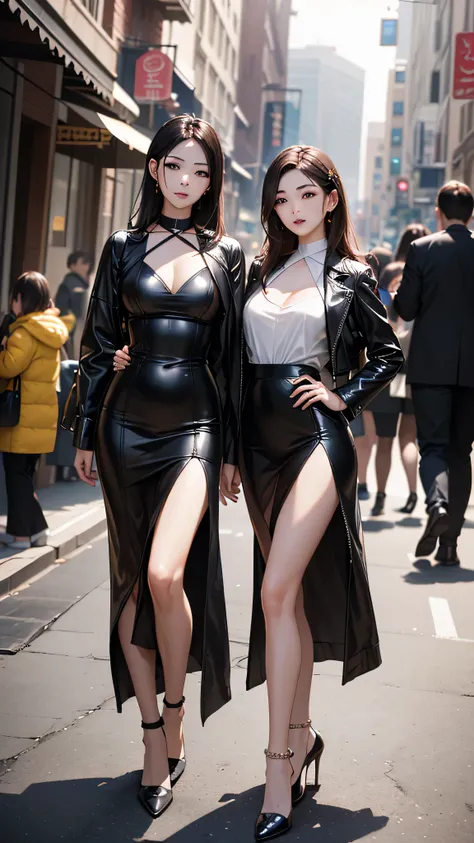 ((Biologically correct limb count))、((Full Body Shot, Full-body photo including face、Head to toe photos))、4K、masterpiece、((Focus on the face))、((Symmetrical facial features))、Eyes of meticulous depiction、beautiful woman、Excellent style、（(Black latex tights...