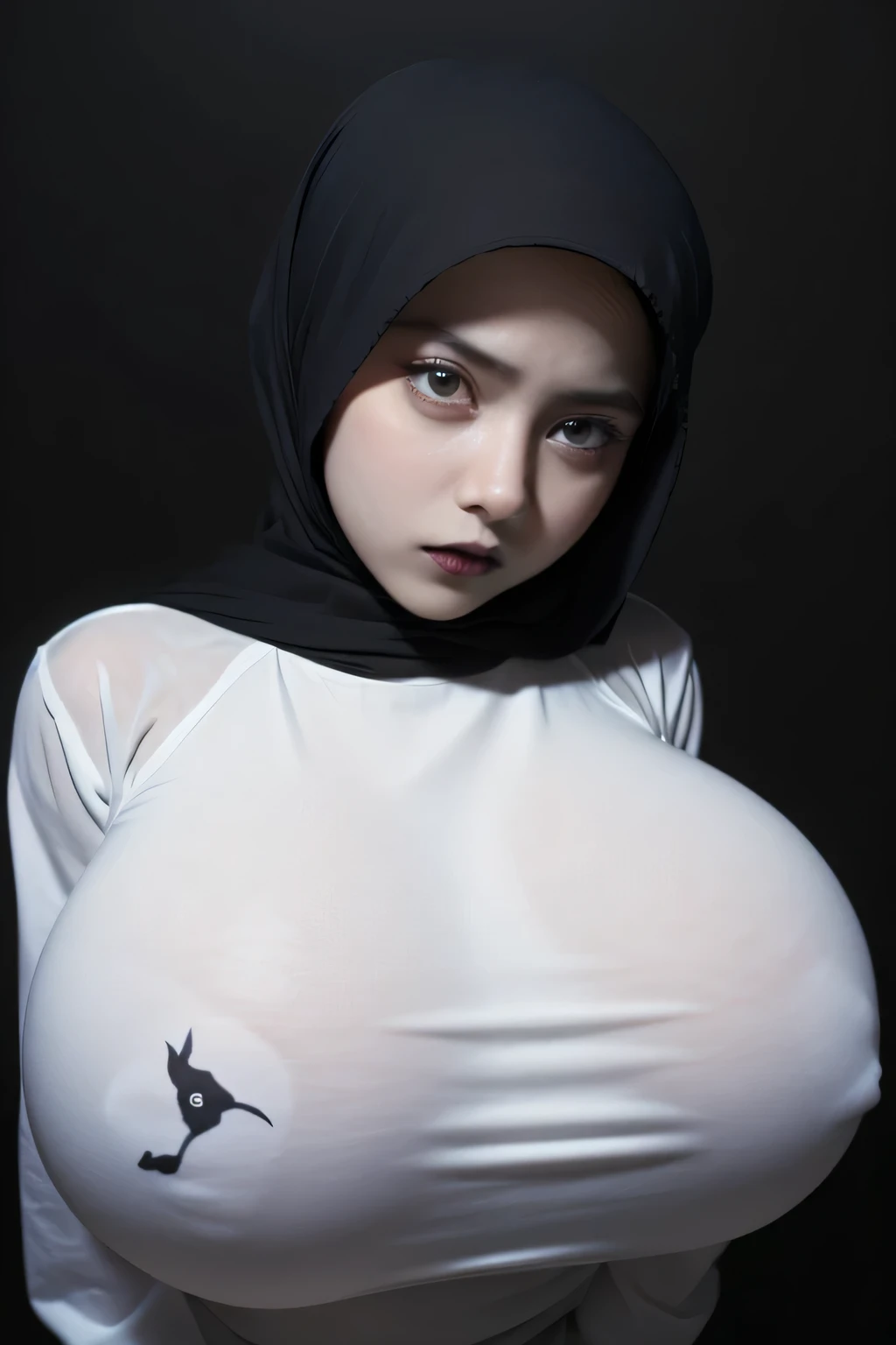 ((GOTHIC GOTH GIRL BLACK LIPS)), Jumbo (Singlet), Chubby adorable, 1 girl, (face to face), 10 years old, baby face, angry face expression, half body portrait, (face details: 1), (eye details: 1), ((big breasts)). wearing transparent transparency soft long ...