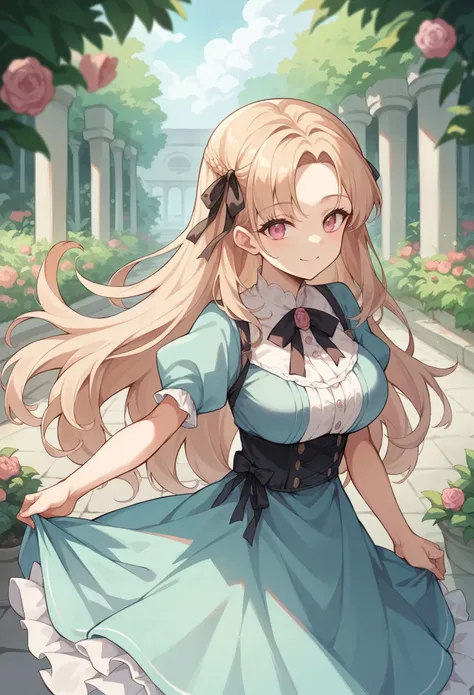 (masterpiece:1.2, Highest quality),(anime), Young Girl,smile,Pink eyes,Beige hair,The forehead is clearly visible,Long Hair,Black ribbon accessories, Quite large breasts, Light blue dress,,garden