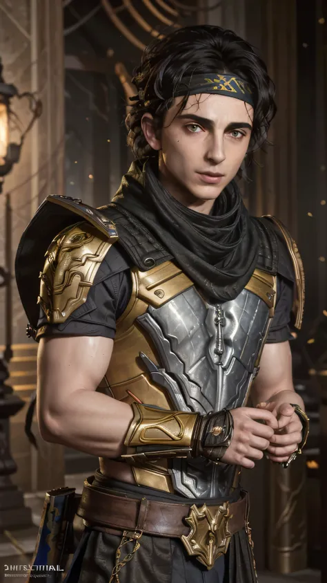 (timothee chalamet) as takeda takahashi from mortal kombat, black hair, headband, scarf, chains, metal armor, yellow armor, (ins...