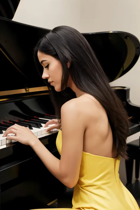 **Stylized, monochrome image depicting a BEAUTIFUL WOMAN PLAYING THE PIANO. The image is predominantly in yellow tones against a black background. The beautiful woman has loose hair that hides her face, which creates a sense of mystery. The hands are visib...