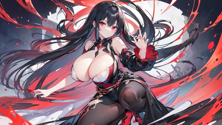 Exquisite eyes),(Clear and beautiful eyes:1.61),masterpiece, 1 young girl,(Black clothes and some red gems), Black long hair, (She has a huge red gem on her chest), Good Hand,((The Havoc of StarCraft)),full-body shot,Fighting Stance,(Red Eyes:1.466)，short ...