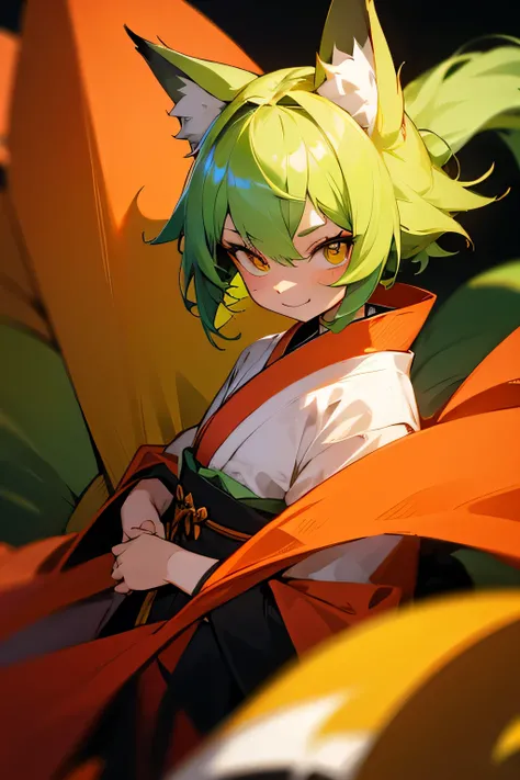 1 person,small,juvenile,Cheerful face,Yellow-green hair,Detailed eyes,Yellow-green eyes,Red pupils,Fox ears,6 tails,A large, yellowish-green kimono,Shorts