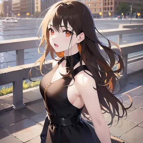 Upper Body, runway,walking,
 Realistic, real person, (pale skin: 1.2), RAW photo, photorealistic, shiny skin, shiny hair、
(A 25-year-old woman with medium-length hair and bangs) and (wavy hair) and (brown hair) and (orange eyes),
black dress,
open mouth,