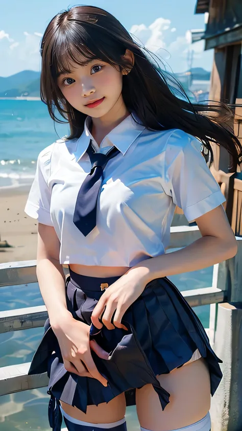 (nsfw:1.0)、Best quality, masterpiece, ultra high res, (photorealistic:1.4), raw photo, (pleated mini skirt:1.3), dark blue skirt, Japanese face,
a girl, 13 yo,  sea side, school uniform, beautiful, ((white shirt)), short sleeve, cute, smile, flying necktie...