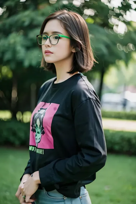 punk girl wearing glasses and a dark shirt, blurred green grass and trees in the background, short brown hair, detailed face, hi...