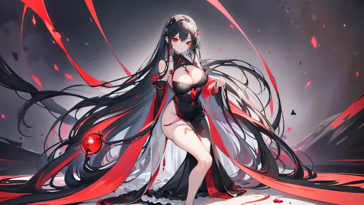 Exquisite eyes),(Clear and beautiful eyes:1.61),masterpiece, 1 young girl,(Black clothes and some red gems), Black long hair, (She has a huge red gem on her chest), Good Hand,((The Havoc of StarCraft)),full-body shot,Fighting Stance,(Red Eyes:1.466)，short ...