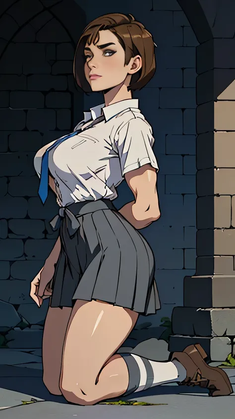 photo of mlp Meowko, RAW, beautiful woman, ((portrait)), ((detailed face:1.2)), ((anime face, anime facial feature, clear skin, glossy anime lips, clear skin), (short lesbian haircut, brunette: 1.55), (perfect proportioned body, Strong, muscular, narrow wa...