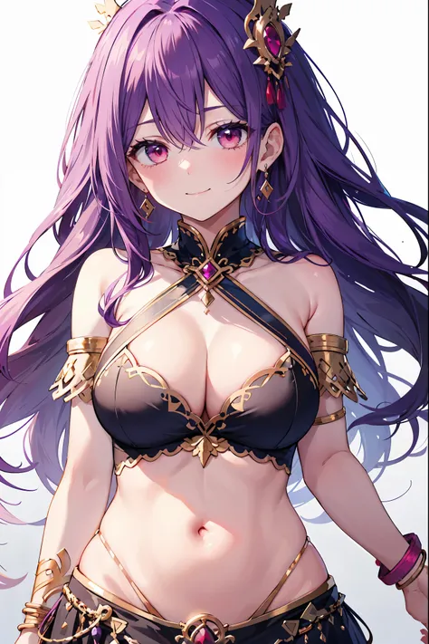 1girl, white background, red eyes, long hair, purple hair, belly dancer, circlet, earrings, armlets, bracelets, bashful smile, large breasts, cleavage, soft stomach