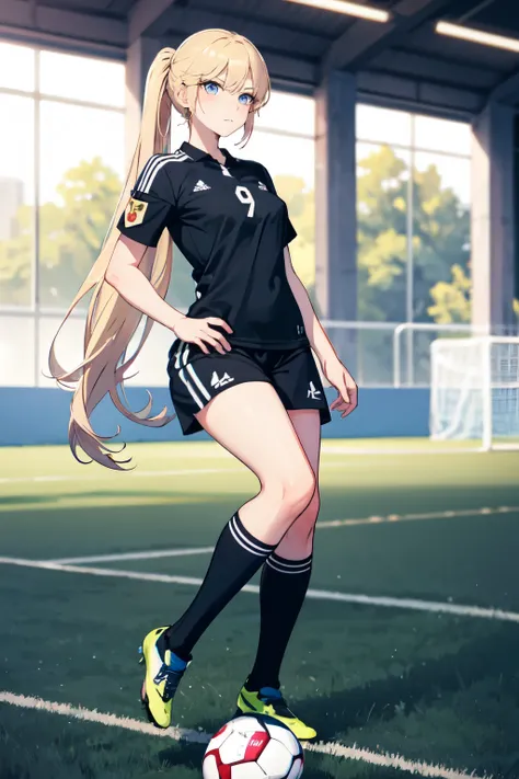 beautiful woman, long blonde hair tied up, blue eyes, black soccer uniform, number 9, long socks, big bust, arrogant expression, on the soccer court