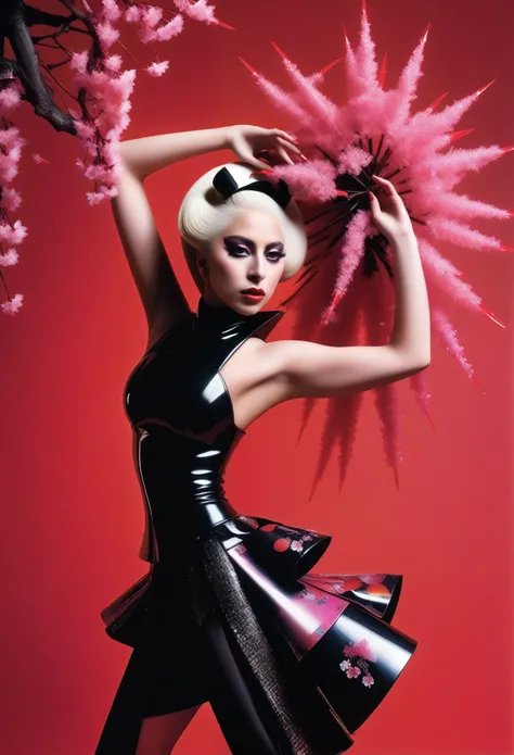 Beautiful sexy Lady Gaga beautiful avant garde style full length beautiful clothes accessories punk wig exotic posing professional fashion editorial magazine cover flash photography red background black white red pink garments glitter shiny pop neon 1980s ...