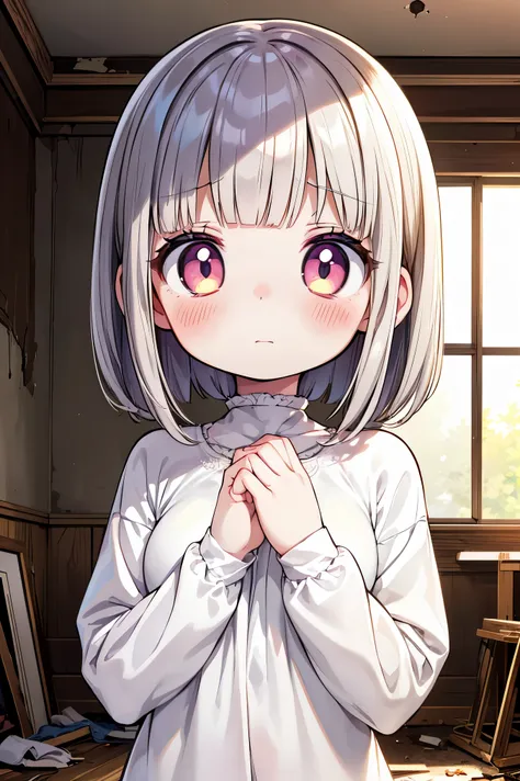 Beautiful illustration, best quality, cute girl, ((In an abandoned house)), ((Dark mascara)), pastel color, natural tones, ((Black Bangs)), ((Pale skin)), ((Looking at viewer)), ((Slim body)), ((Cute ghost girl)), (Blush), bright lighting, ((Big eyes)), ((...