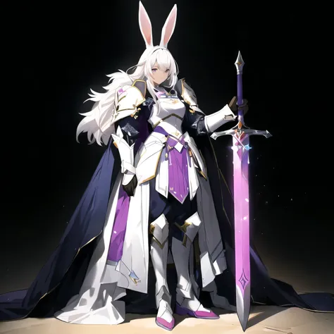 anime character dressed in white and purple outfit holding a sword, rabbt_character, rabbit warrior, cushart krenz key art feminine, official character art, bunny with helmet and sword, full portrait of magical knight, knights of zodiac girl, portrait knig...