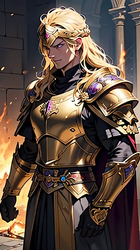 a blonde prince in roman armour standing before a fire, highly detailed, ultra realistic, 8k, cinematic lighting, dramatic shadows, volumetric lighting, intricate armor details, ornate roman helmet, flowing cape, stern expression, muscular physique, photor...