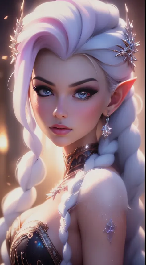 Elfgirl (rose quartz waifu SU-elsa waifu frozen Disney  mezclando modelos .) (ultra fUSION of white and pink hair) Highly detailed CG unity 8k wallpaper, style shot, complex, High detail, dramatic, highest quality movie still image, Very detailed, masterpi...