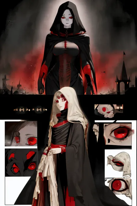 A mummy girl in a dark cloak with red eyes