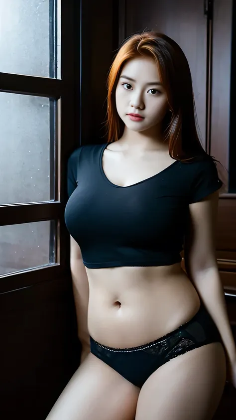 Portrait of a beautiful 18-year-old petit teen, redhead, gorgeous Chinese, in cotton panties, at the door, (dark private office, dark and melancholy light: 1.2)