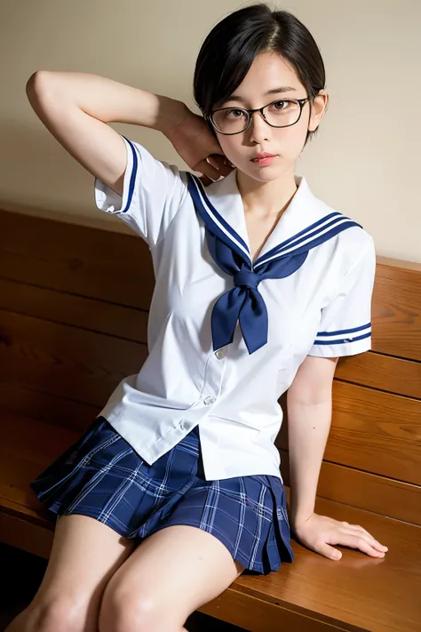 ((Highest quality)), ((masterpiece)), (detailed), One person,Perfect skeleton,Small hands,Long limbs,Wearing rimless glasses,Short Hair,Looks about 15 years old,cute,uniform,Wearing a sailor uniform,Checkered mini skirt,Very small breasts,Soaked clothes,濡れ...