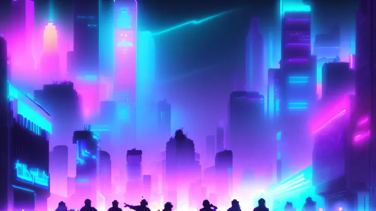 a group of people in front of a city at night, synthetic wave city, neon city in the background, cyberpunk artstyle, synthetic wave art, epic retrowave art, synthetic wave art style, neon city, beeple-style hybrid mix, cyberpunk vibe, just a joke, syntheti...