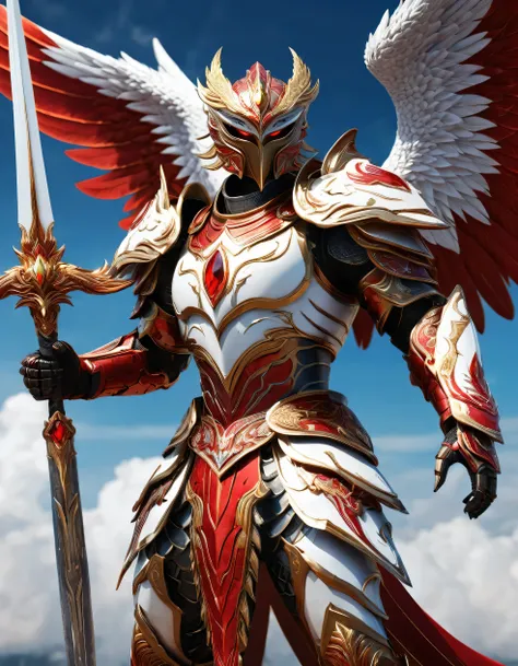 close up shot of Garuda knight with red and white wings on the surface, prajurit phoenix, unreal engine rendering, muscular phoenix, white and red robe, detailed cosmic angel, a flying scarlet phoenix, glowing iron armor, intricate iron armor, ancient drag...