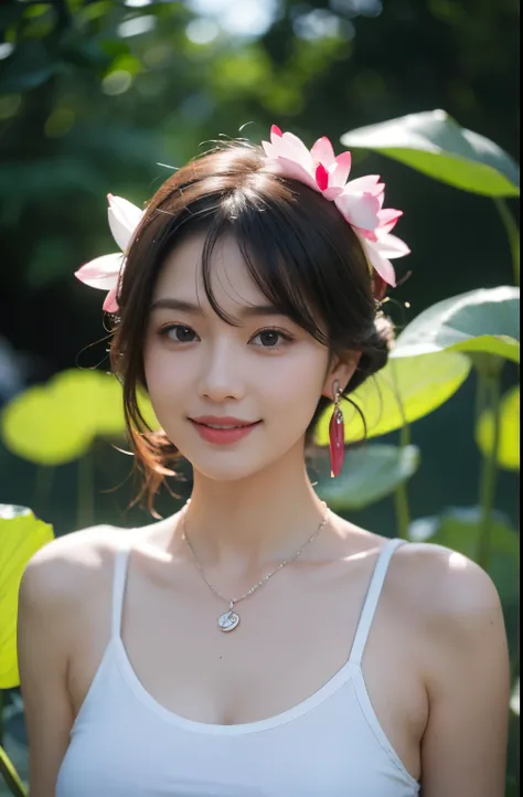 Portrait of lovely woman in bright windy field, Lotus leaf background，watercourse, Chicken lotus root stalk，lotus Leaf，lotus，(Backlight),detail， Practical,Upper Body，best quality, detail，Serious, In the shadows, bloom, [[Chromatic Aberration]，Natural skin ...