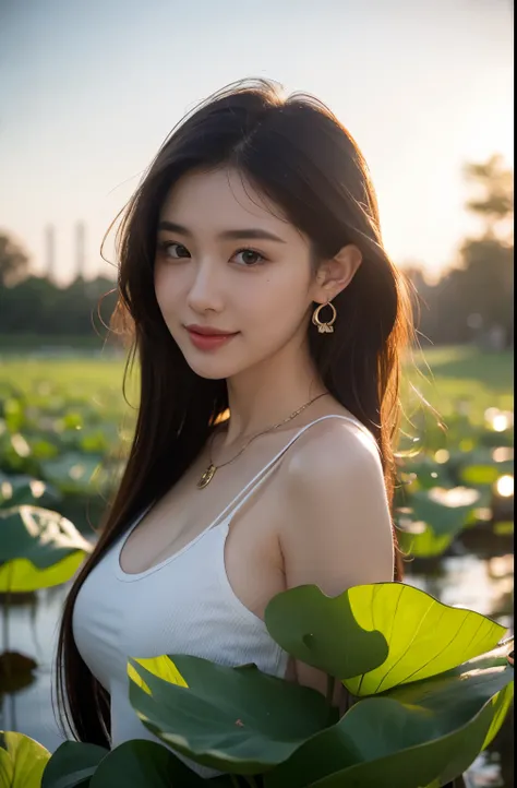 Portrait of lovely woman in bright windy field, Lotus leaf background，watercourse, Chicken lotus root stalk，lotus Leaf，lotus，(Backlight),detail， Practical,Upper Body，best quality, detail，Serious, In the shadows, bloom, [[Chromatic Aberration]，Natural skin ...