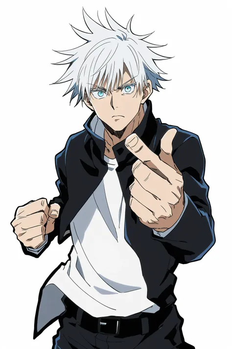 single anime character with white hair and a black uniform with white shirt inside, pointing at the camera with two finger, trigger anime artstyle, a silver haired gojou satoru, jujutsu kaisen, gojou satoru, thick black outline drawing, thick outline, 1man...