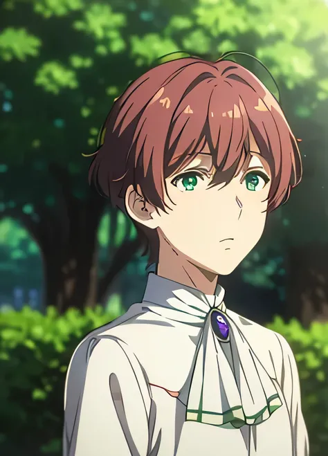 violet evergarden masterpiece, best quality, 1boy, solo, red hair, green eyes, hair between eyes, looking at viewer, bangs, outdoors, brooch, hair intakes, anime coloring, ascot, blurry background, blurry, white ascot, tree, closed mouth, portrait, daygras...