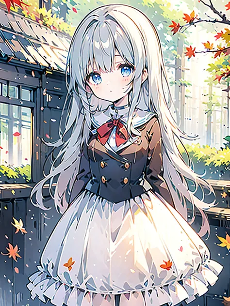 ((Highest quality)), ((masterpiece)), (detailed), One person, sexy、student、Brown blazer、Long hair of a pale blue color with blue eyes.、autumn leaves、Falling leaves fluttering、Autumn forest、dawn、Looking into the camera、Traveling alone