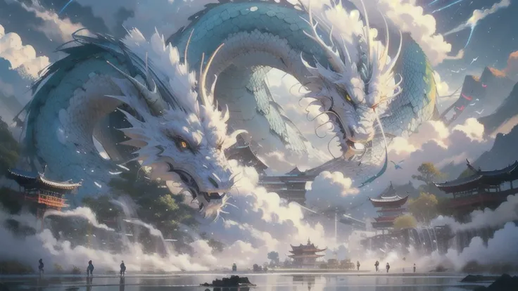 BJ_Sacgreen_bEast,green_eye,Outdoor,Horn,null,cloud,no_human,bird,cloudy_null,scenery,stage,Fantasy,Dragon,architecture,East_Asian_architecture,Eastern_Dragon,Cinema Lighting,Strong contrast,High level of detail,Highest quality,masterpiece,