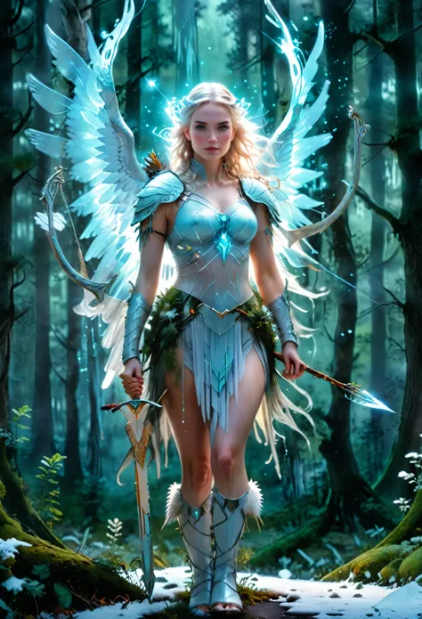 a beautiful tall female ice-angel on a forest path, looking at the viewer, at twilight standing amidst ultra incredibly ultra large bio luminous ice-mushrooms, holding a bow and arrow, medium shot, Ultra detailed illustration of a person lost in a magical ...