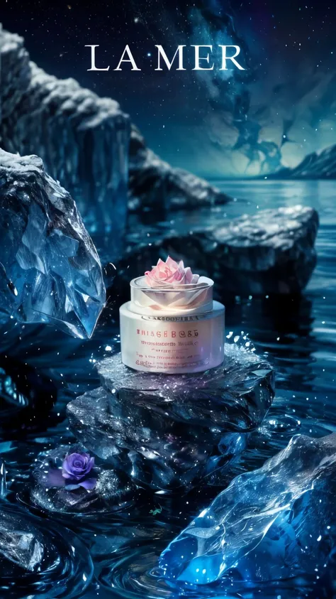 skincare advertisement,realistic,(1 cosmetic cream:0.8) placed on colorful crystals on the sea,surrounded by shining white roses...