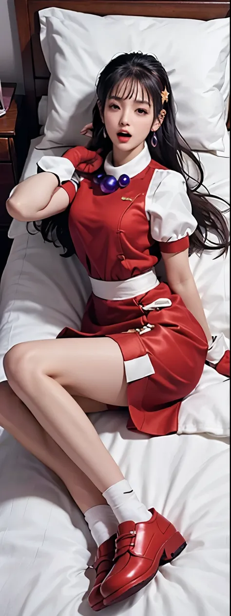 (masterpiece), (best quality), (Very detailed), Intricate details, Perfect anatomical structure, ue5 render, whole body, , Long hair, necklace, earrings, Small Breasts, Wristband,bedroom，big bed, hands on abdomen，Grab your chest with both hands，White socks...