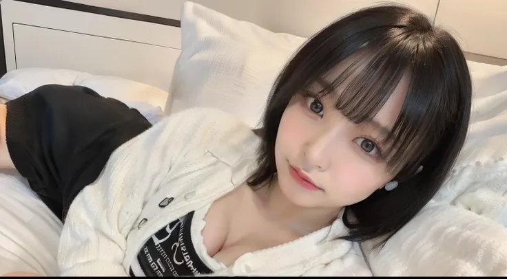 Highest quality, 超Realistic, (Realistic:1.3)、Highest quality、Ultra-high resolution、Instagram、Very delicate、Look at the viewers、Japan 1 Female(Black-haired、short hair、black eye、、Huge 、Adorable)、White knitwear、Black shorts、Lie on your back on the bed、((Big B...