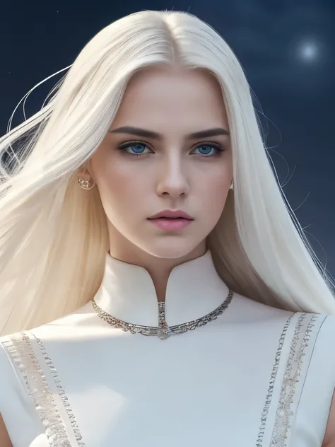 masterpiece, highest quality, (solo focus), (perfect face:1.1), (high detail:1.1),dramatic, 1guy, (pale skin), long white hair, white eyes, [light eyebrows], solo, long hair, moon, night, white luxury suit, covered navel, pouty lips, covered, futuristic ci...