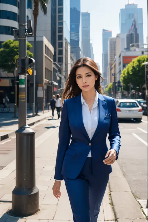 (8k, RAW Photos, Highest quality, masterpiece: 1.2), (Realistic, photoRealistic: 1.37), 1 Woman in a suit standing on the sidewalk, Cityscape, Day, Sunny Morning, Professional Lighting, Photon Mapping, Radio City, Brazilian Women, Torn, shirt, Woman in a s...